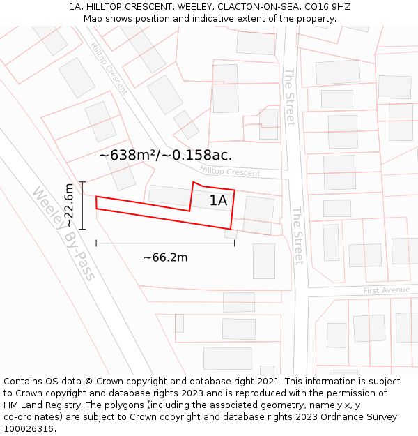 1A, HILLTOP CRESCENT, WEELEY, CLACTON-ON-SEA, CO16 9HZ: Plot and title map