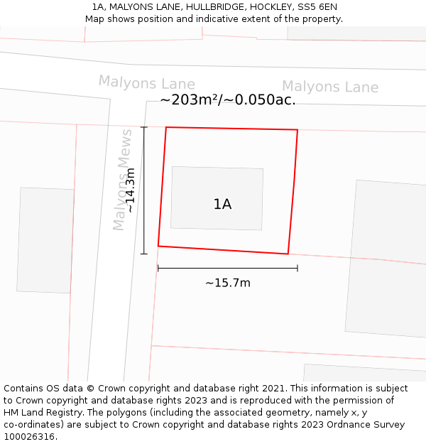 1A, MALYONS LANE, HULLBRIDGE, HOCKLEY, SS5 6EN: Plot and title map