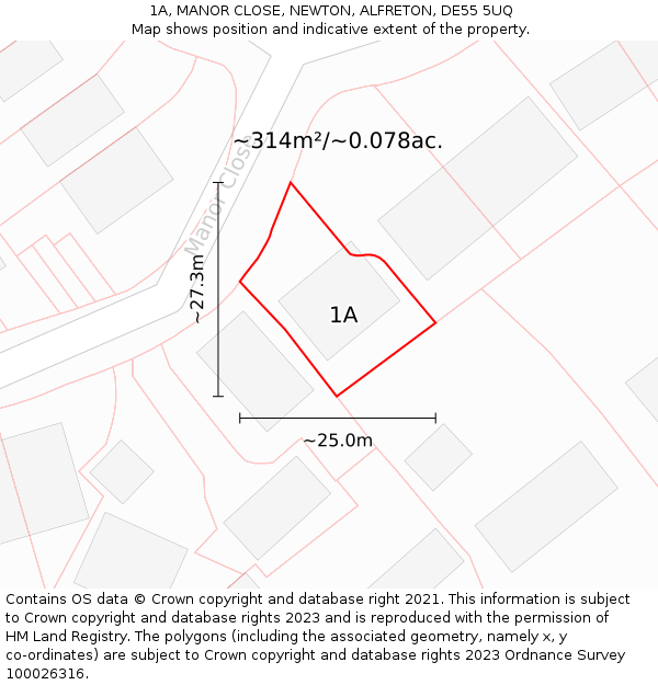 1A, MANOR CLOSE, NEWTON, ALFRETON, DE55 5UQ: Plot and title map