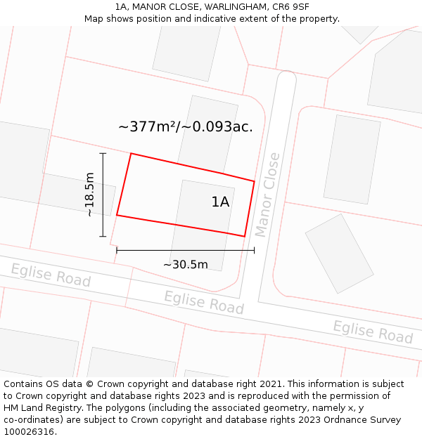 1A, MANOR CLOSE, WARLINGHAM, CR6 9SF: Plot and title map