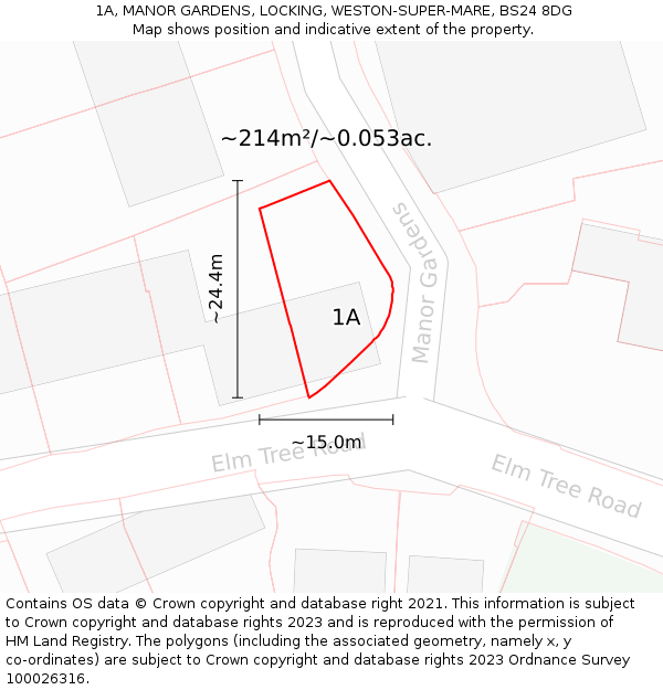 1A, MANOR GARDENS, LOCKING, WESTON-SUPER-MARE, BS24 8DG: Plot and title map