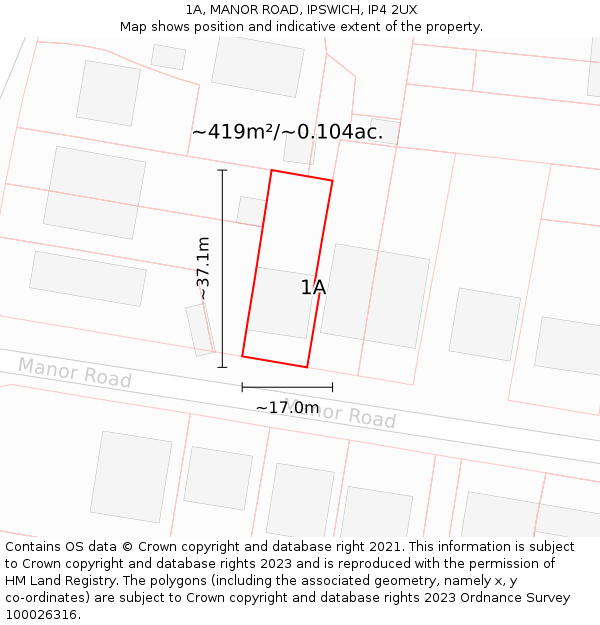 1A, MANOR ROAD, IPSWICH, IP4 2UX: Plot and title map
