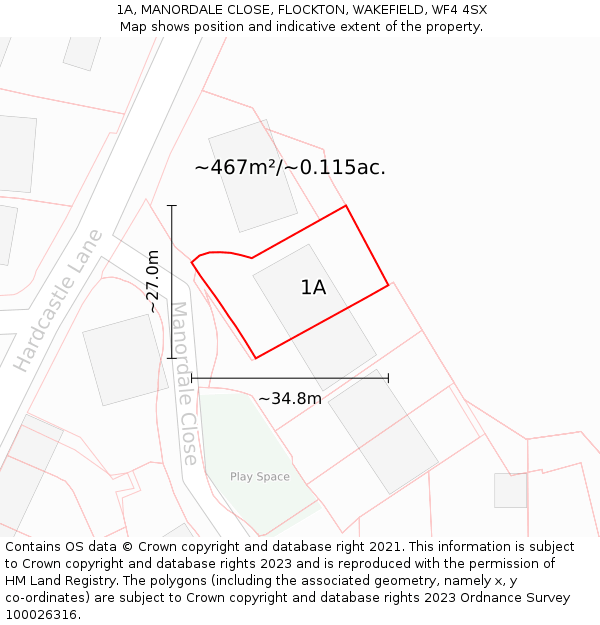 1A, MANORDALE CLOSE, FLOCKTON, WAKEFIELD, WF4 4SX: Plot and title map