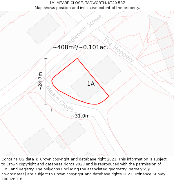 1A, MEARE CLOSE, TADWORTH, KT20 5RZ: Plot and title map