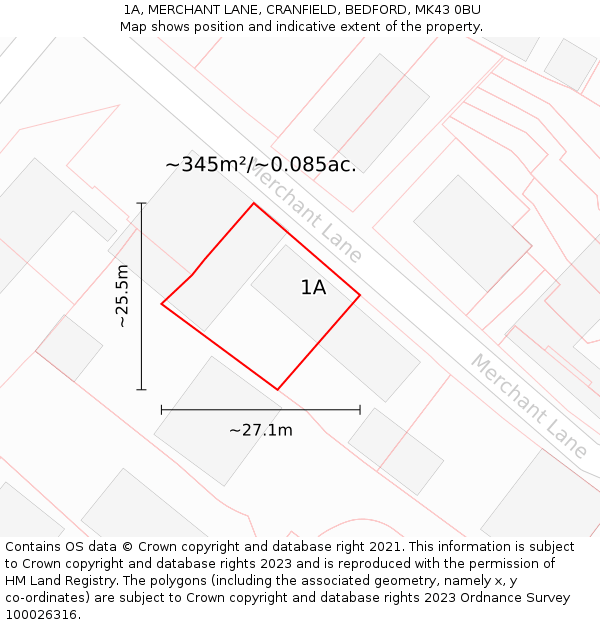 1A, MERCHANT LANE, CRANFIELD, BEDFORD, MK43 0BU: Plot and title map