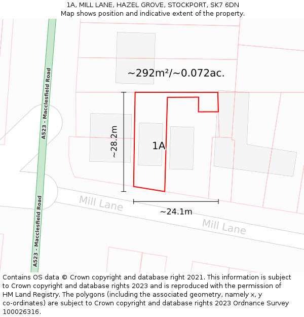 1A, MILL LANE, HAZEL GROVE, STOCKPORT, SK7 6DN: Plot and title map