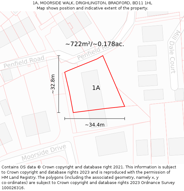 1A, MOORSIDE WALK, DRIGHLINGTON, BRADFORD, BD11 1HL: Plot and title map