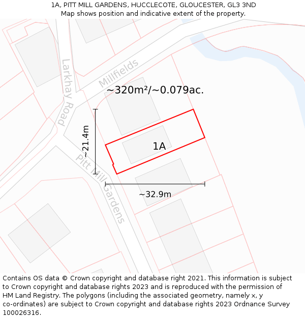 1A, PITT MILL GARDENS, HUCCLECOTE, GLOUCESTER, GL3 3ND: Plot and title map