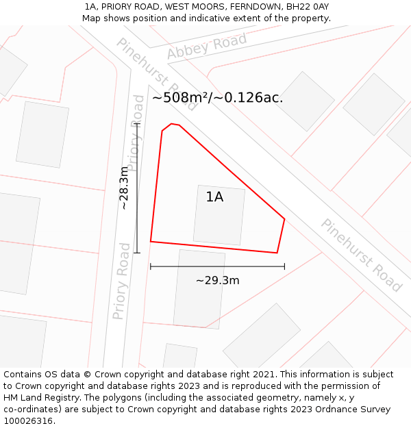 1A, PRIORY ROAD, WEST MOORS, FERNDOWN, BH22 0AY: Plot and title map