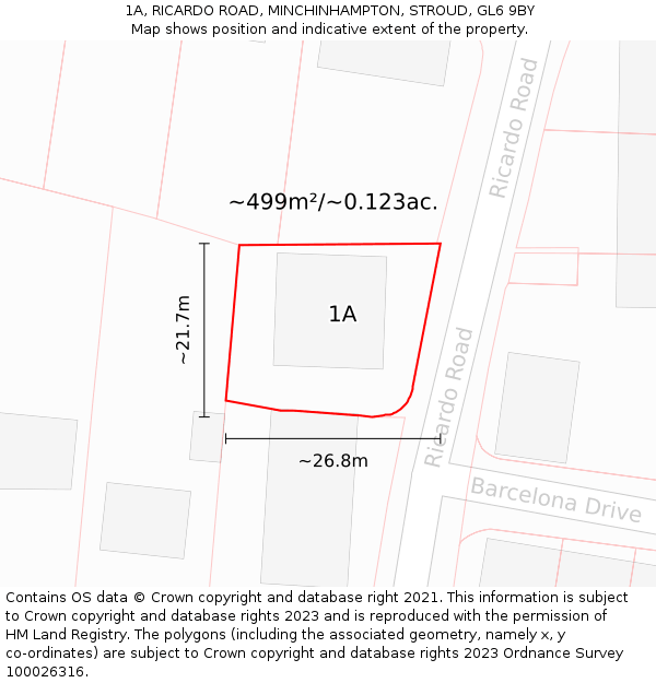 1A, RICARDO ROAD, MINCHINHAMPTON, STROUD, GL6 9BY: Plot and title map