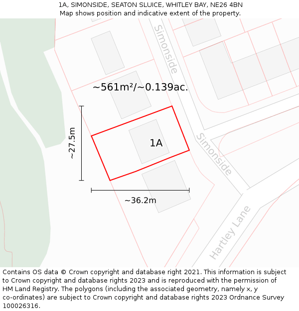 1A, SIMONSIDE, SEATON SLUICE, WHITLEY BAY, NE26 4BN: Plot and title map