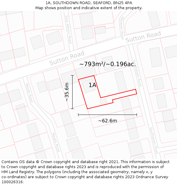 1A, SOUTHDOWN ROAD, SEAFORD, BN25 4PA: Plot and title map