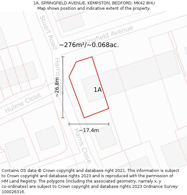 1A, SPRINGFIELD AVENUE, KEMPSTON, BEDFORD, MK42 8HU: Plot and title map