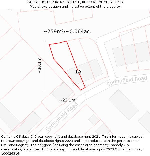 1A, SPRINGFIELD ROAD, OUNDLE, PETERBOROUGH, PE8 4LP: Plot and title map
