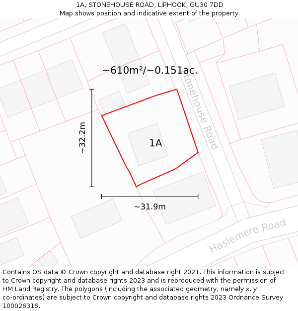 1A, STONEHOUSE ROAD, LIPHOOK, GU30 7DD: Plot and title map
