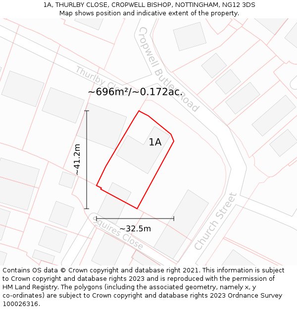 1A, THURLBY CLOSE, CROPWELL BISHOP, NOTTINGHAM, NG12 3DS: Plot and title map