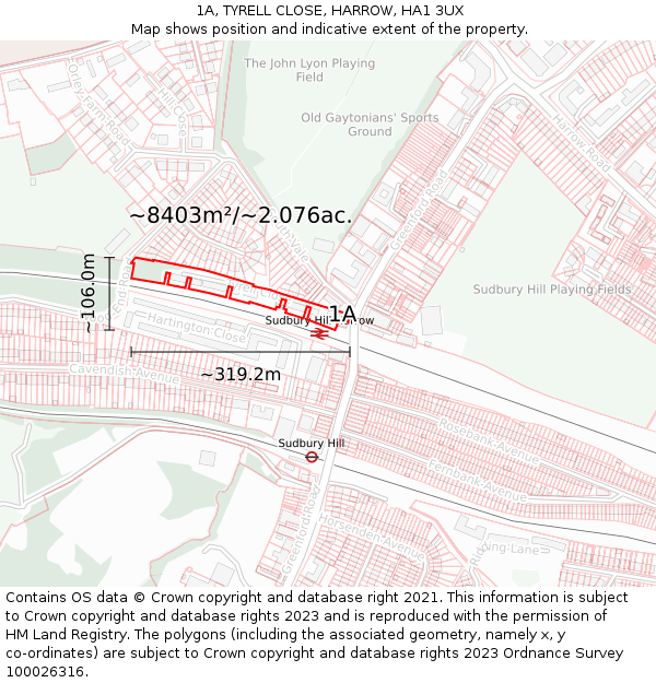 1A, TYRELL CLOSE, HARROW, HA1 3UX: Plot and title map
