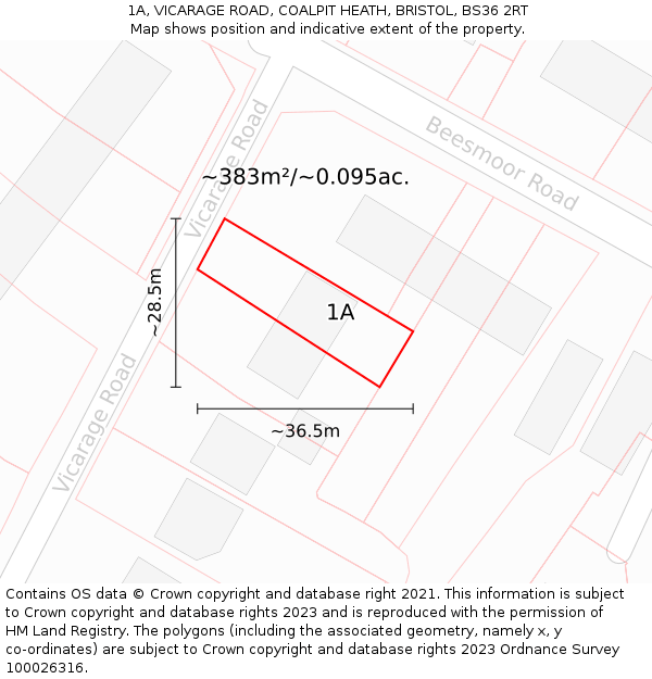 1A, VICARAGE ROAD, COALPIT HEATH, BRISTOL, BS36 2RT: Plot and title map