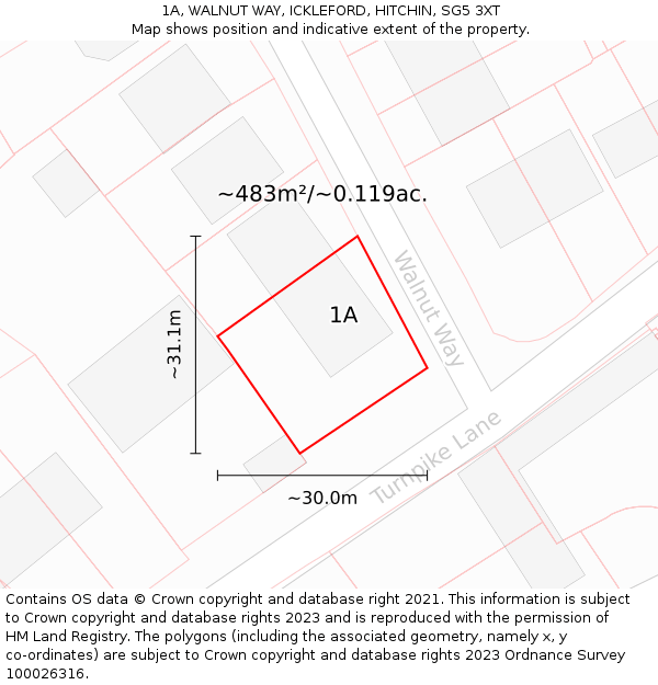 1A, WALNUT WAY, ICKLEFORD, HITCHIN, SG5 3XT: Plot and title map