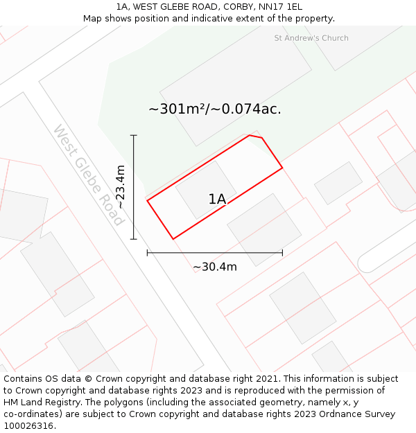 1A, WEST GLEBE ROAD, CORBY, NN17 1EL: Plot and title map