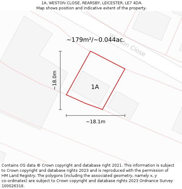 1A, WESTON CLOSE, REARSBY, LEICESTER, LE7 4DA: Plot and title map