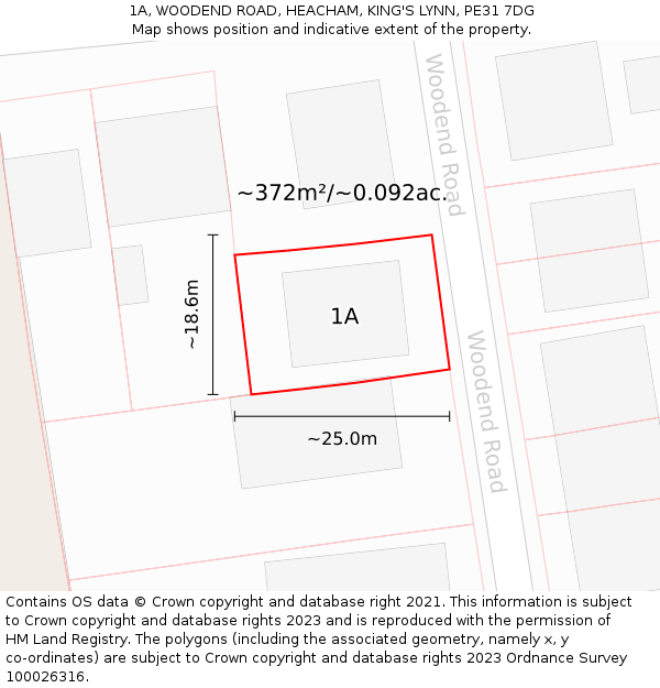 1A, WOODEND ROAD, HEACHAM, KING'S LYNN, PE31 7DG: Plot and title map