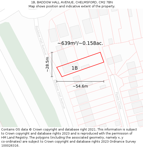 1B, BADDOW HALL AVENUE, CHELMSFORD, CM2 7BN: Plot and title map
