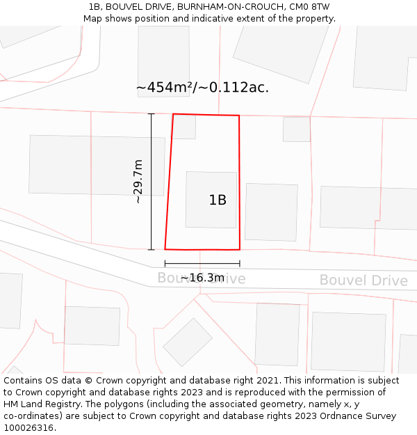 1B, BOUVEL DRIVE, BURNHAM-ON-CROUCH, CM0 8TW: Plot and title map