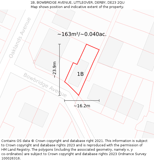 1B, BOWBRIDGE AVENUE, LITTLEOVER, DERBY, DE23 2QU: Plot and title map
