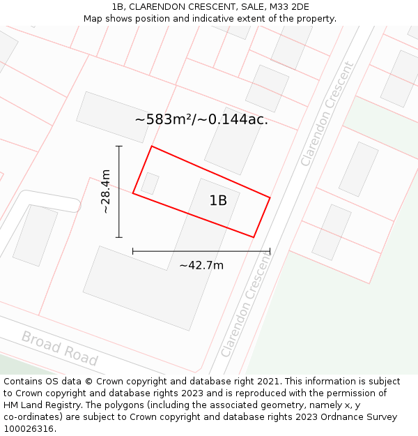 1B, CLARENDON CRESCENT, SALE, M33 2DE: Plot and title map