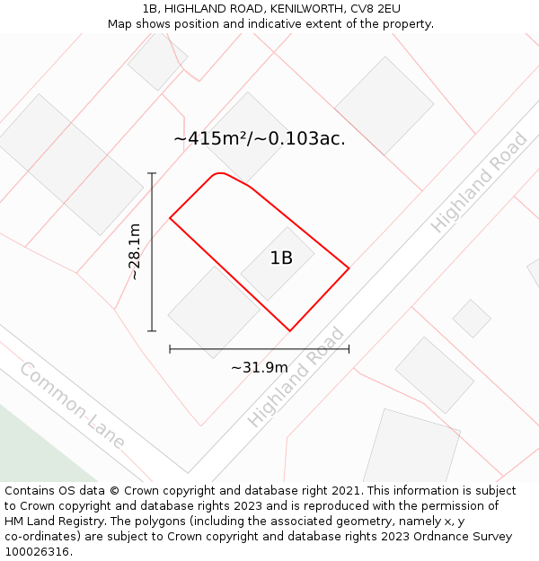1B, HIGHLAND ROAD, KENILWORTH, CV8 2EU: Plot and title map