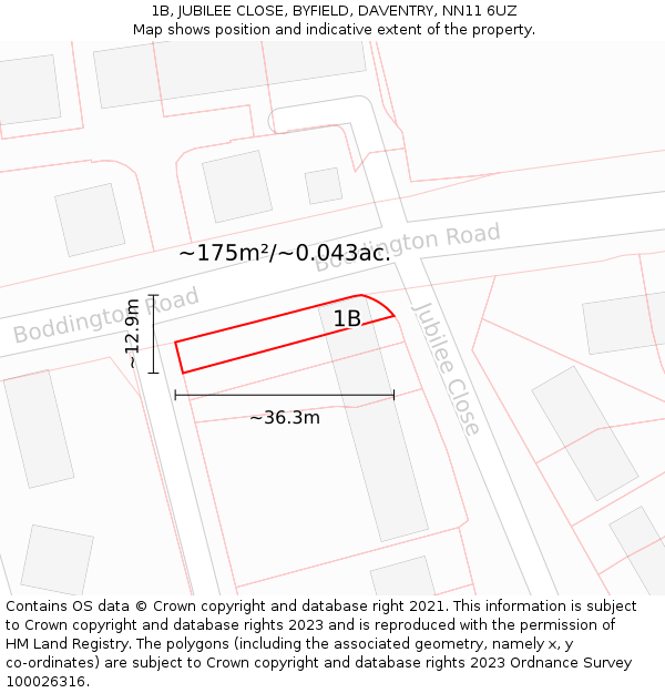 1B, JUBILEE CLOSE, BYFIELD, DAVENTRY, NN11 6UZ: Plot and title map