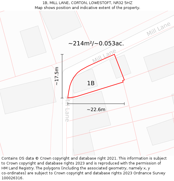 1B, MILL LANE, CORTON, LOWESTOFT, NR32 5HZ: Plot and title map