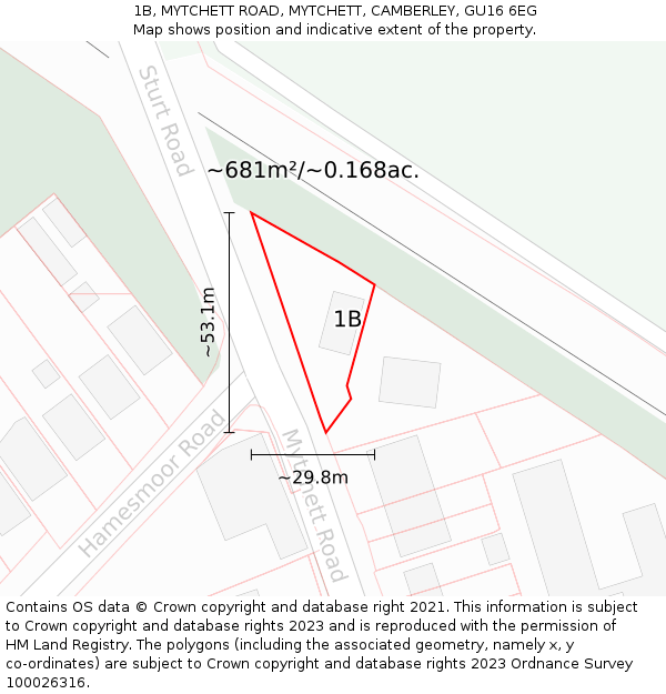 1B, MYTCHETT ROAD, MYTCHETT, CAMBERLEY, GU16 6EG: Plot and title map