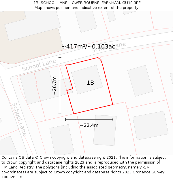 1B, SCHOOL LANE, LOWER BOURNE, FARNHAM, GU10 3PE: Plot and title map