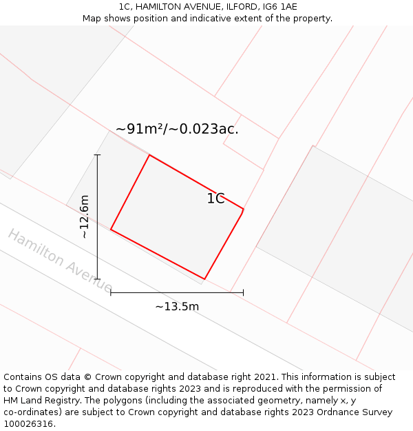 1C, HAMILTON AVENUE, ILFORD, IG6 1AE: Plot and title map