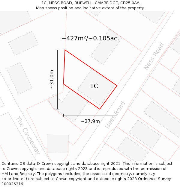 1C, NESS ROAD, BURWELL, CAMBRIDGE, CB25 0AA: Plot and title map