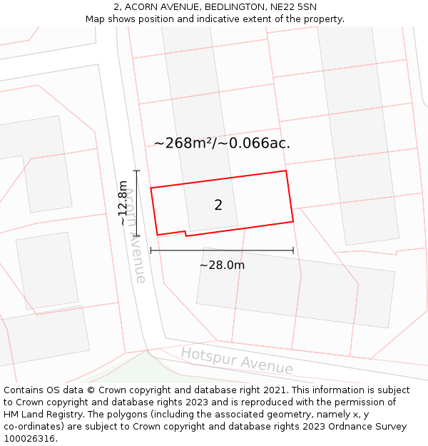2, ACORN AVENUE, BEDLINGTON, NE22 5SN: Plot and title map