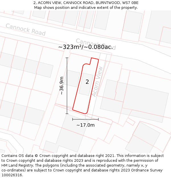 2, ACORN VIEW, CANNOCK ROAD, BURNTWOOD, WS7 0BE: Plot and title map