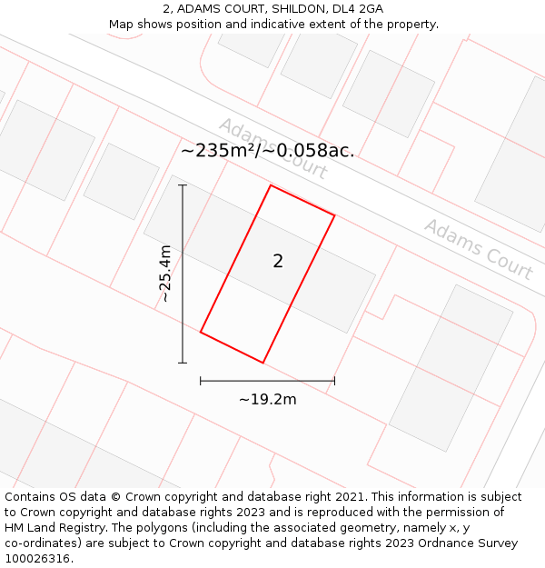 2, ADAMS COURT, SHILDON, DL4 2GA: Plot and title map