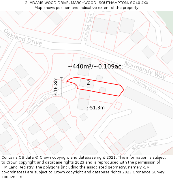 2, ADAMS WOOD DRIVE, MARCHWOOD, SOUTHAMPTON, SO40 4XX: Plot and title map