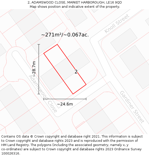 2, ADAMSWOOD CLOSE, MARKET HARBOROUGH, LE16 9QD: Plot and title map