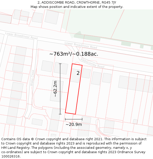 2, ADDISCOMBE ROAD, CROWTHORNE, RG45 7JY: Plot and title map
