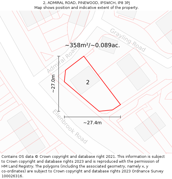 2, ADMIRAL ROAD, PINEWOOD, IPSWICH, IP8 3PJ: Plot and title map