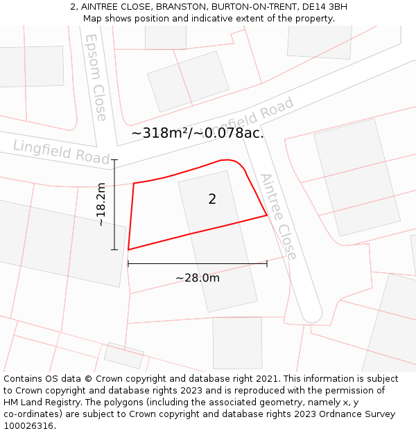 2, AINTREE CLOSE, BRANSTON, BURTON-ON-TRENT, DE14 3BH: Plot and title map