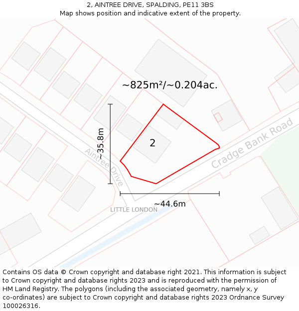 2, AINTREE DRIVE, SPALDING, PE11 3BS: Plot and title map