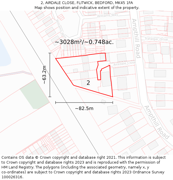 2, AIRDALE CLOSE, FLITWICK, BEDFORD, MK45 1FA: Plot and title map