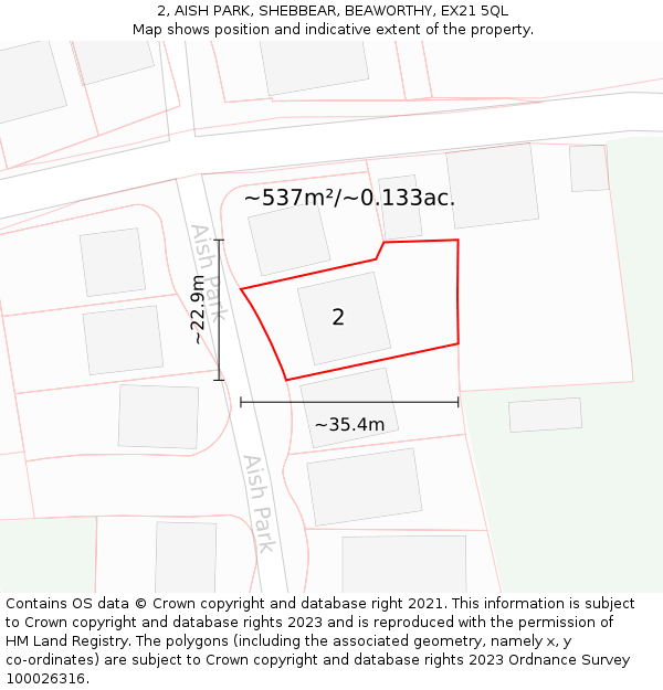 2, AISH PARK, SHEBBEAR, BEAWORTHY, EX21 5QL: Plot and title map