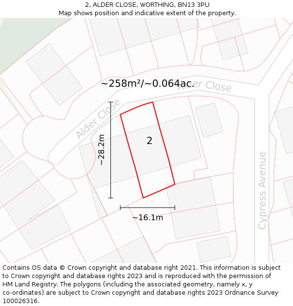 2, ALDER CLOSE, WORTHING, BN13 3PU: Plot and title map