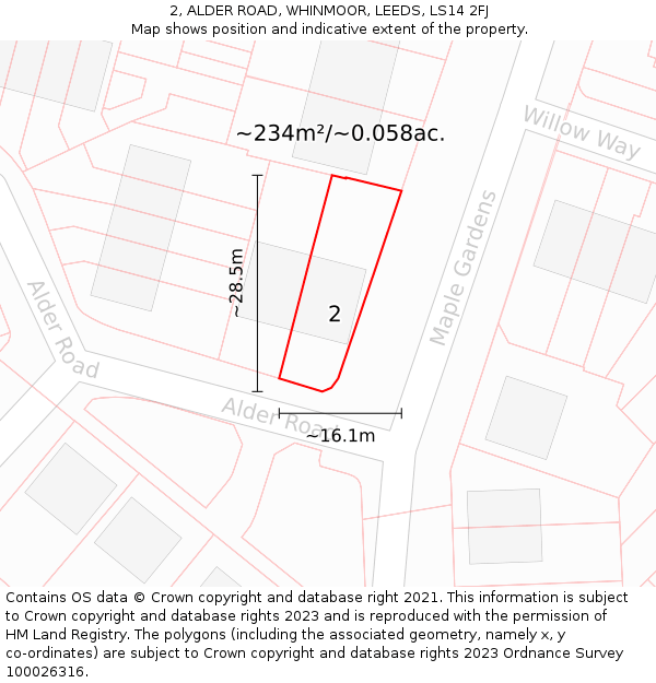 2, ALDER ROAD, WHINMOOR, LEEDS, LS14 2FJ: Plot and title map